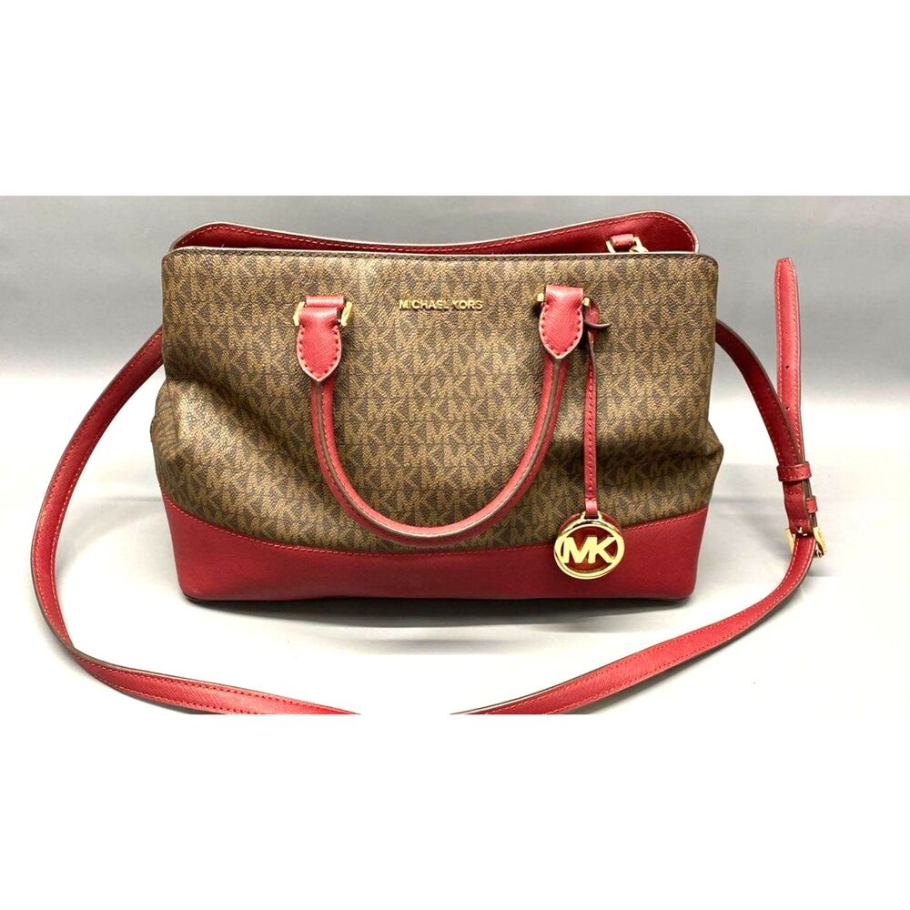 Michael Kors Savannah Large Satchel Brown/Wine Monogram Crossbody Bag